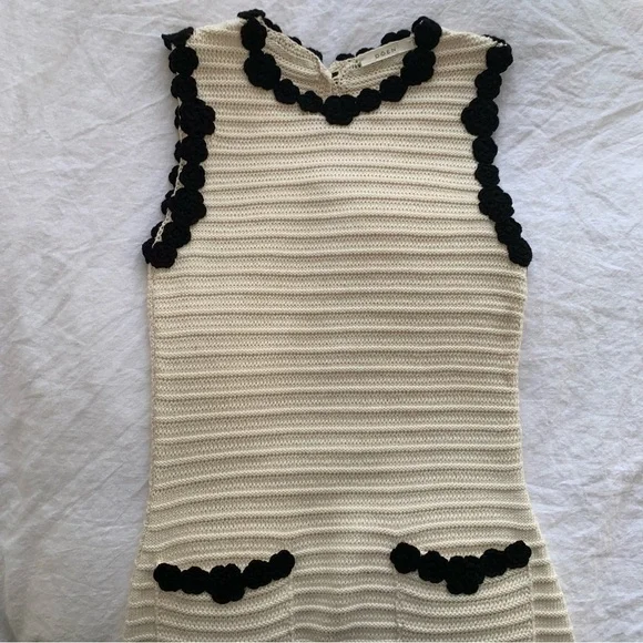Doen Millicent Pima Cotton Knit Pocket Trim Sleeveless Mini Dress Cream Black